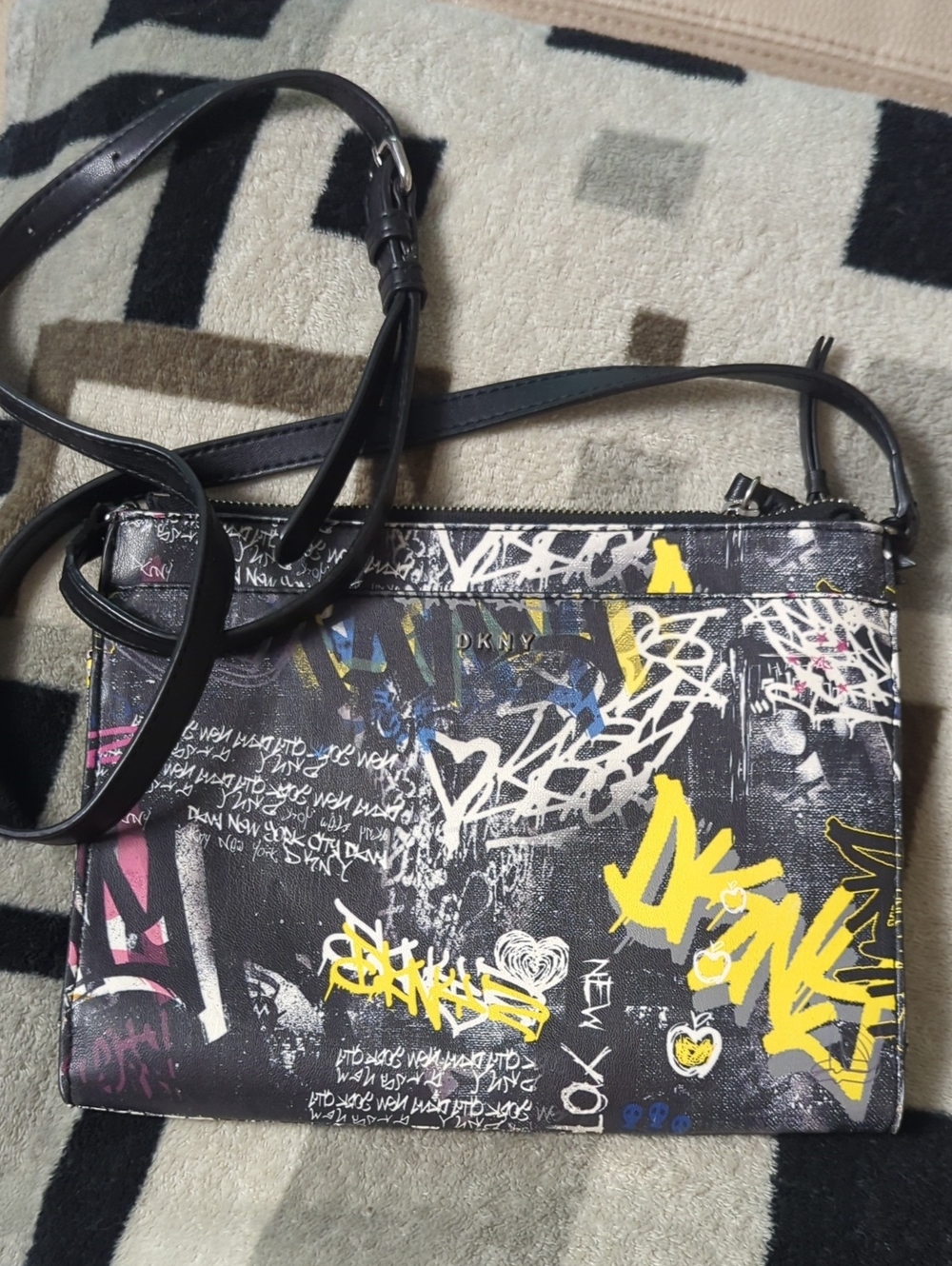 DKNY Black Graffiti-Print Crossbody Bag with Yellow & Pink Accents